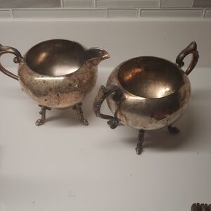 Vintage Silver Over Copper Creamer and Sugar Bowl Set 3in High X 4.5in Wide.